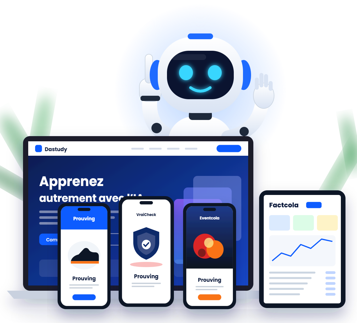 Robot assistant IA Digitsaf et appareils affichant nos solutions